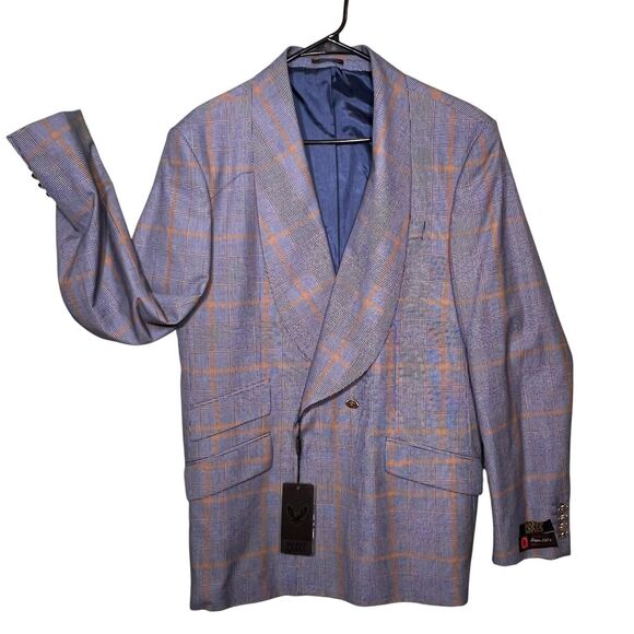 Mario Casas Suit Mens 54 Wool Blue Plaid Blazer Pants Set Super 200s Italy - Picture 2 of 14